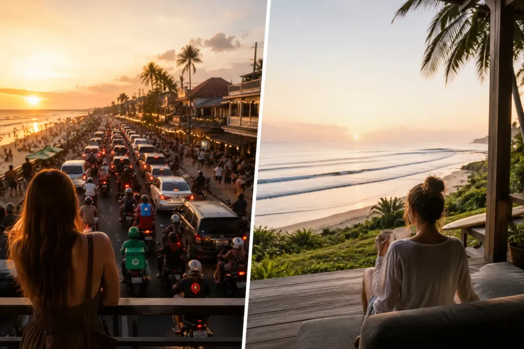 Comparison between busy tourist areas and peaceful coastal retreats in Bali