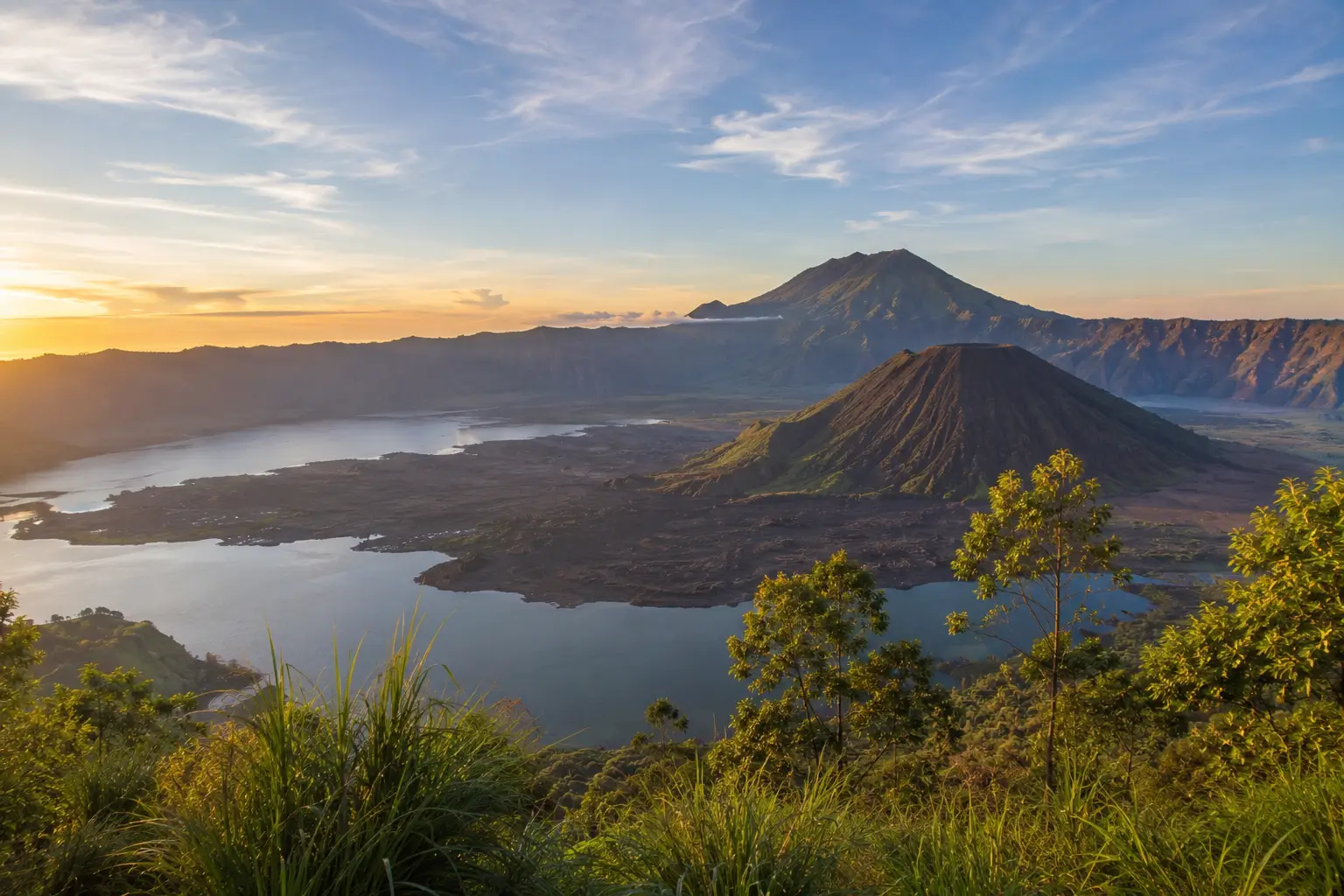 Panoramic view of Mount Batur and Lake Batur in Kintamani Bali