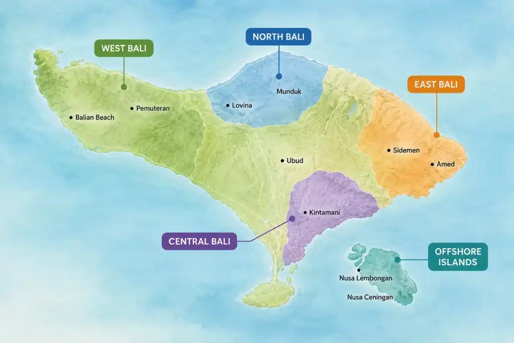 Map showing the quietest regions and destinations across Bali including West Bali, North Bali, East Bali, Central Bali, and the Nusa Islands