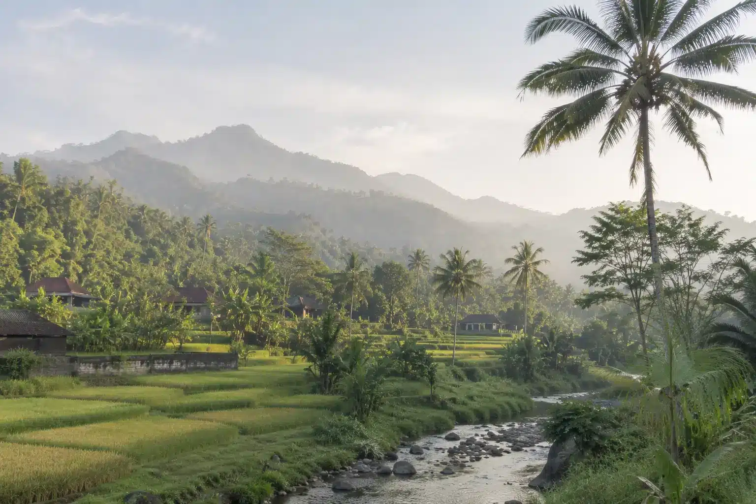 Peaceful rice fields and mountain valley landscape in Sidemen Bali