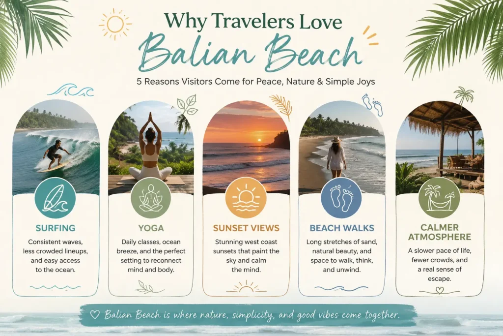 Infographic showing reasons travelers love Balian Beach including surfing yoga sunsets beach walks and peaceful surroundings