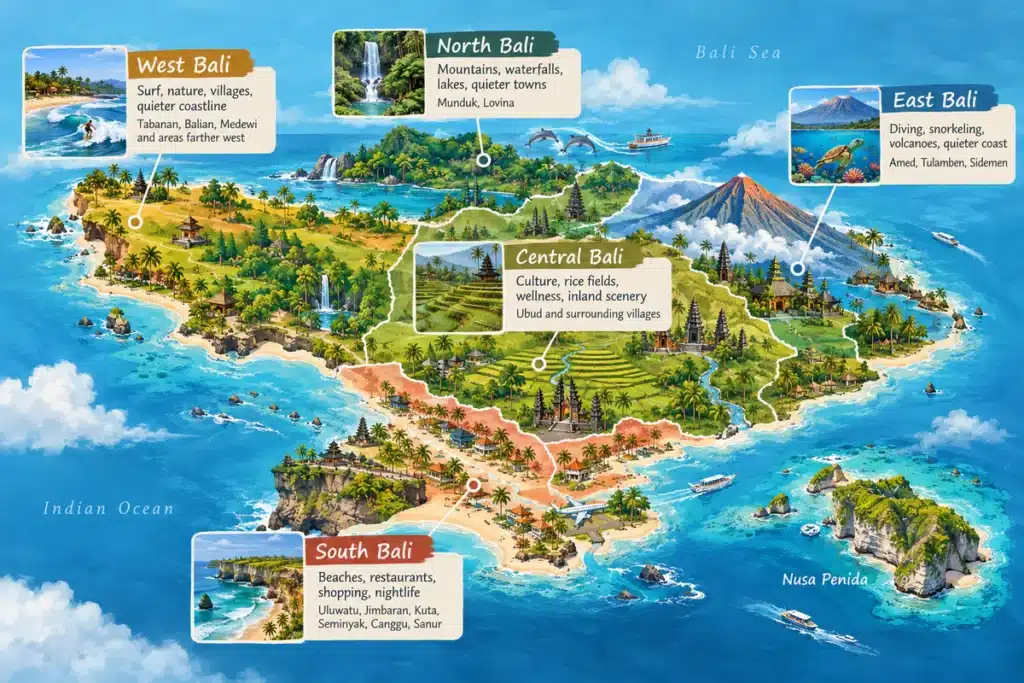 Illustrated map of Bali showing South, Central, East, North and West Bali regions